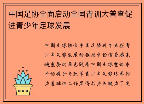 中国足协全面启动全国青训大普查促进青少年足球发展